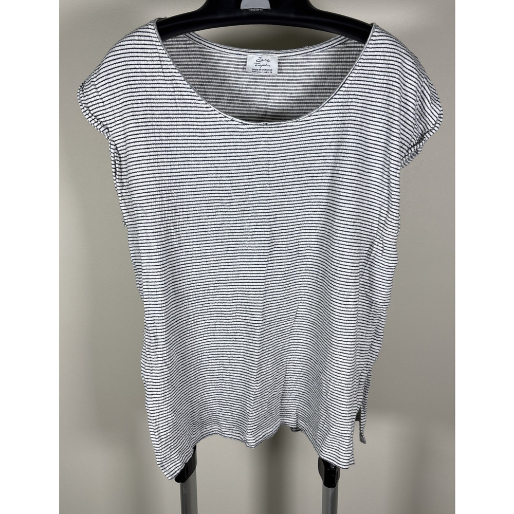 ZARA Trafaluc Black & White Stretchy Striped Cap Sleeve Knit Top Women's Size S